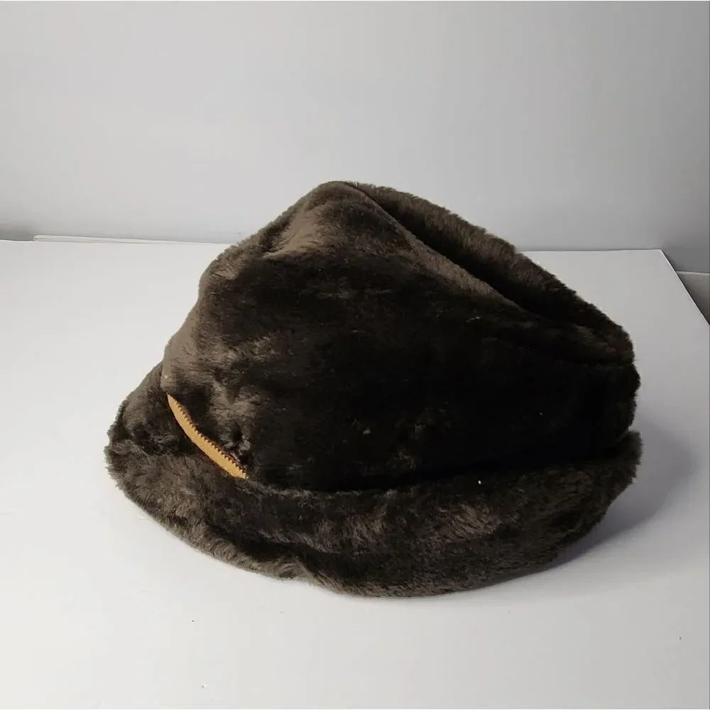 Vintage Brown Faux Fur Fedora Bucket Hat w/ Ear Flaps 1960s
